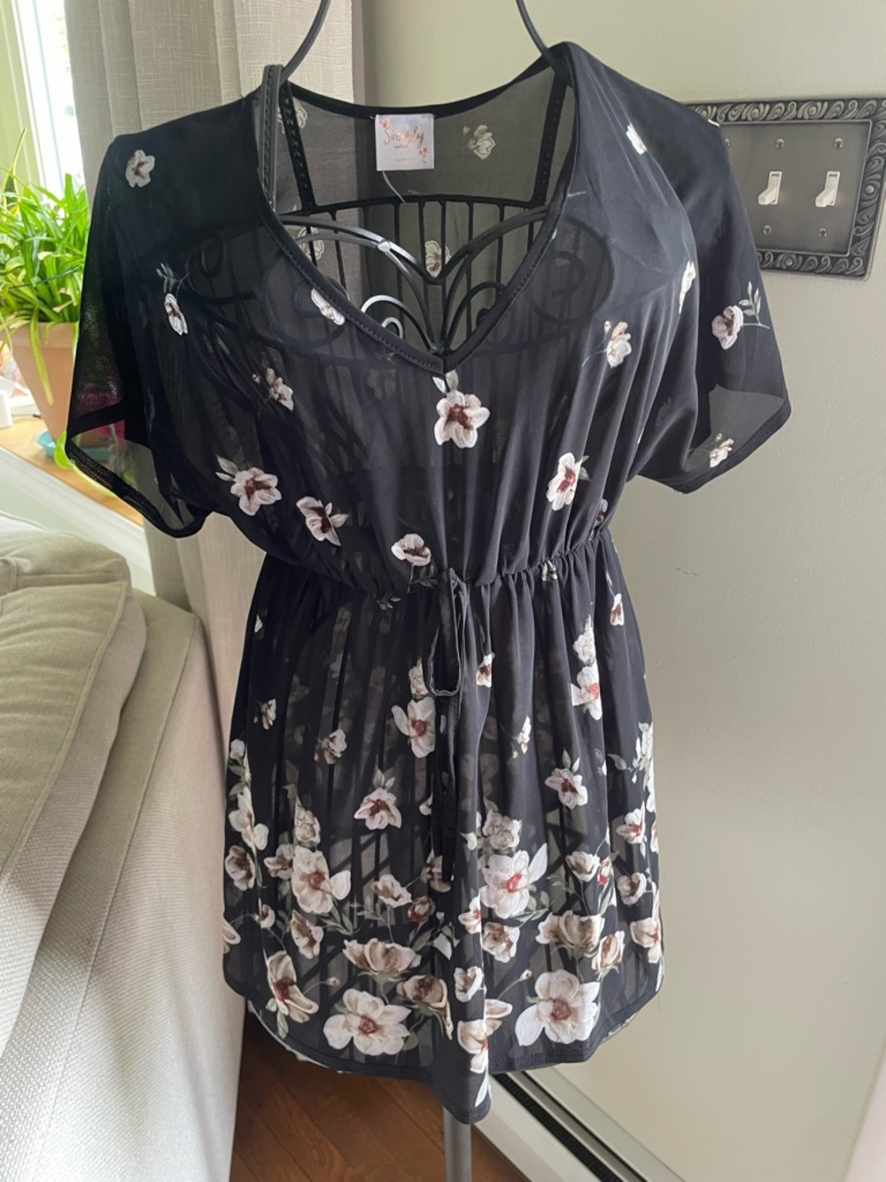 Sheer Black Floral Tie-Waist Blouse